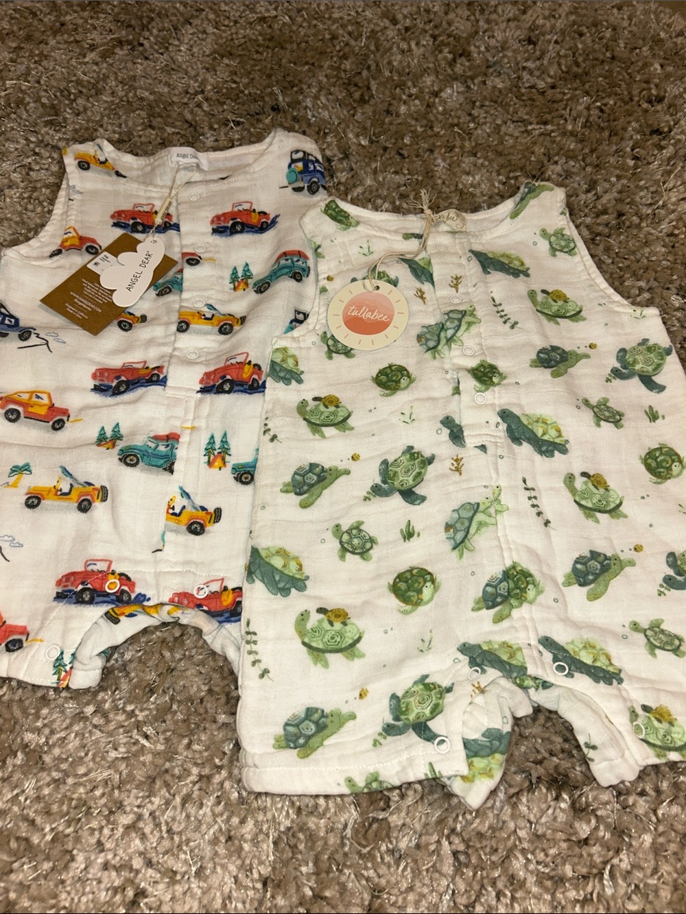 Organic Muslin Baby Romper Duo - Turtle & Truck Prints